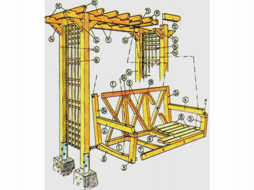 Чертеж первого варианта постройки деревянных садовых качелей Чертеж первого варианта постройки деревянных садовых качелей
